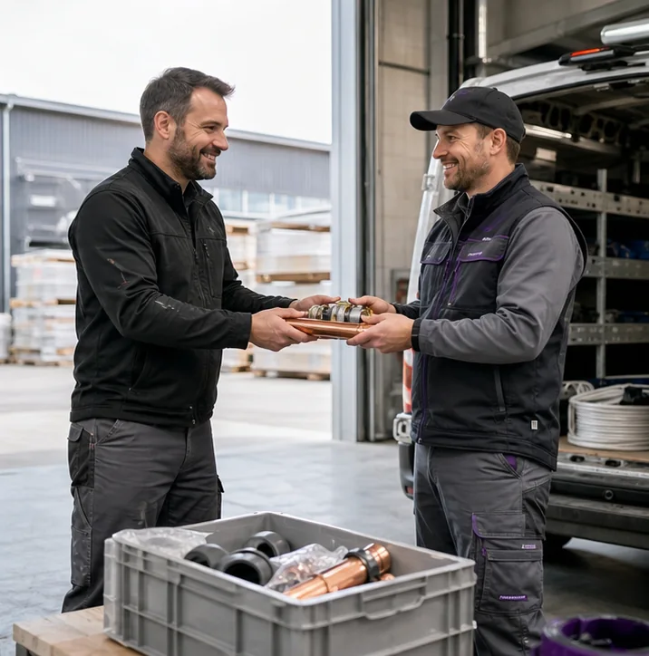 Zwei Handwerksbetriebe übergeben Material direkt untereinander